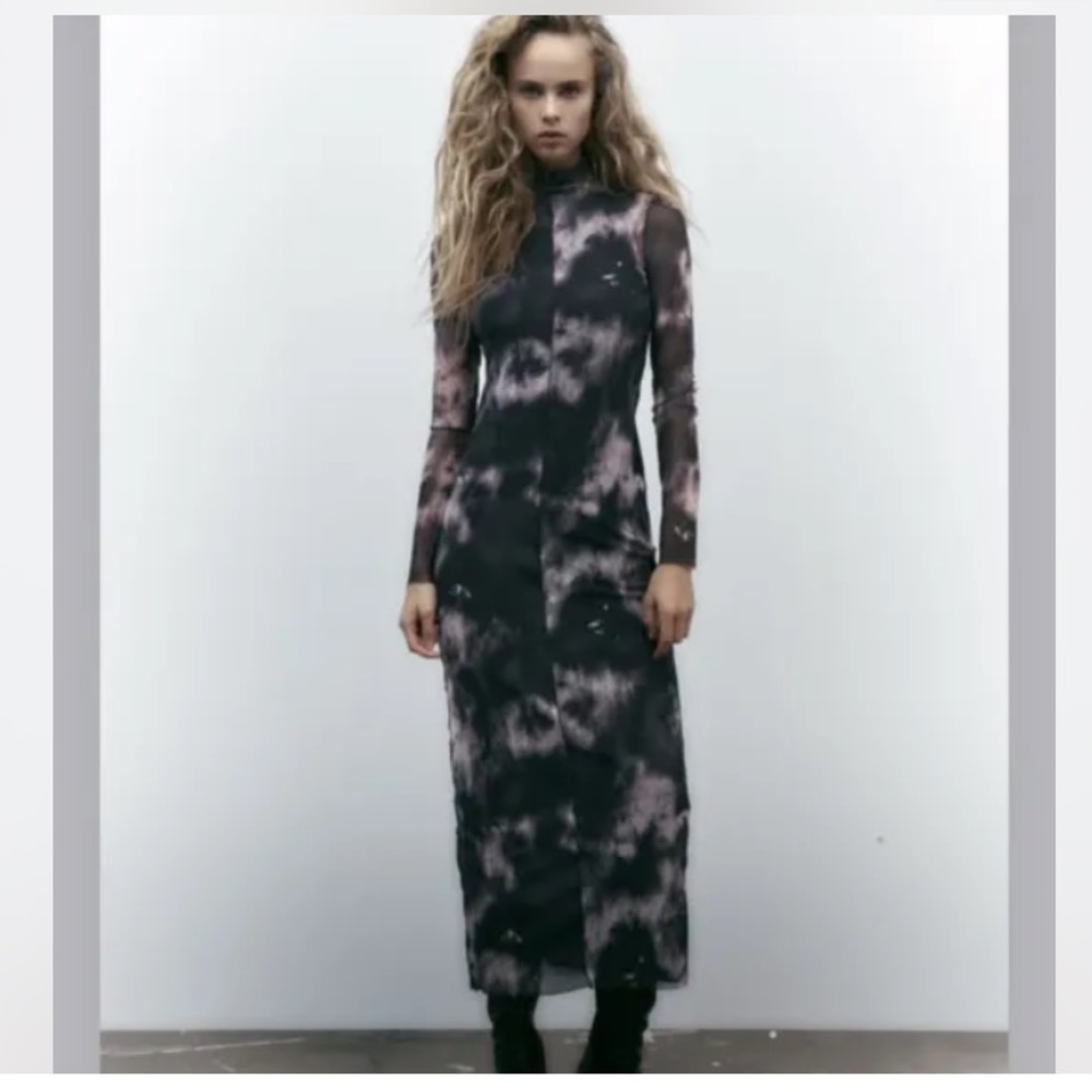 Zara midi printed tulle dark gray dress